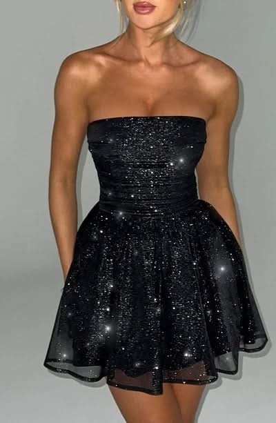 Front view black sparkle strapless mini dress with layered tulle skirt