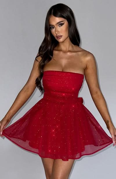 Red sequin strapless mini dress with gathered bodice and full skirt