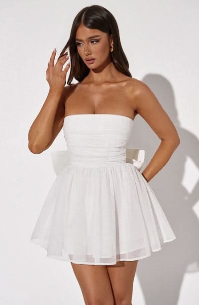 White ruched strapless mini dress with pleated tulle skirt