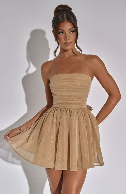 Champagne sparkle strapless mini dress with gathered bodice and pockets
