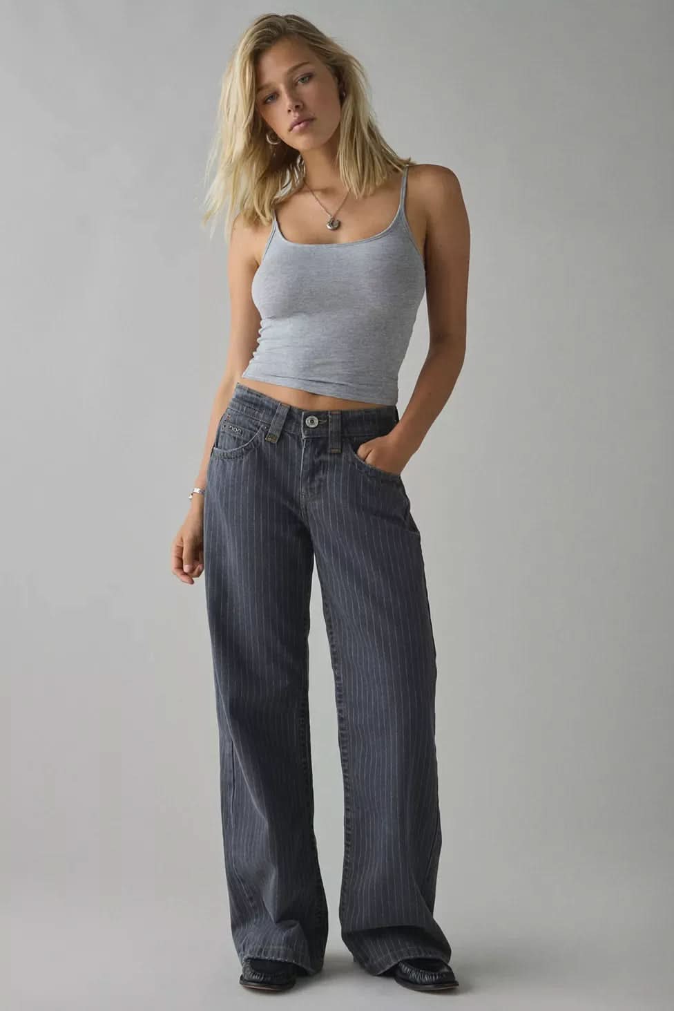 Women's dark indigo wide-leg striped jeans with high waist and five-pocket design