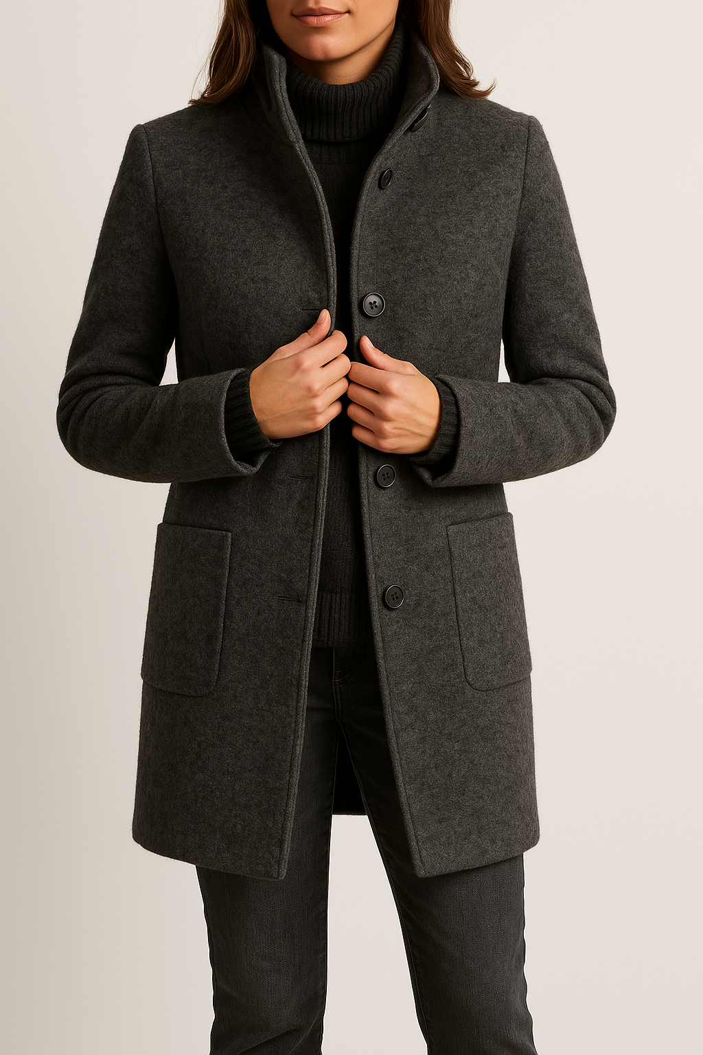 KAYLANI | STAND COLLAR WOOL BLEND COAT - Black
