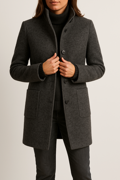 KAYLANI | STAND COLLAR WOOL BLEND COAT - Black