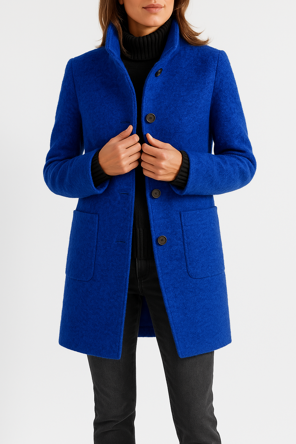 KAYLANI | STAND COLLAR WOOL BLEND COAT - Blue