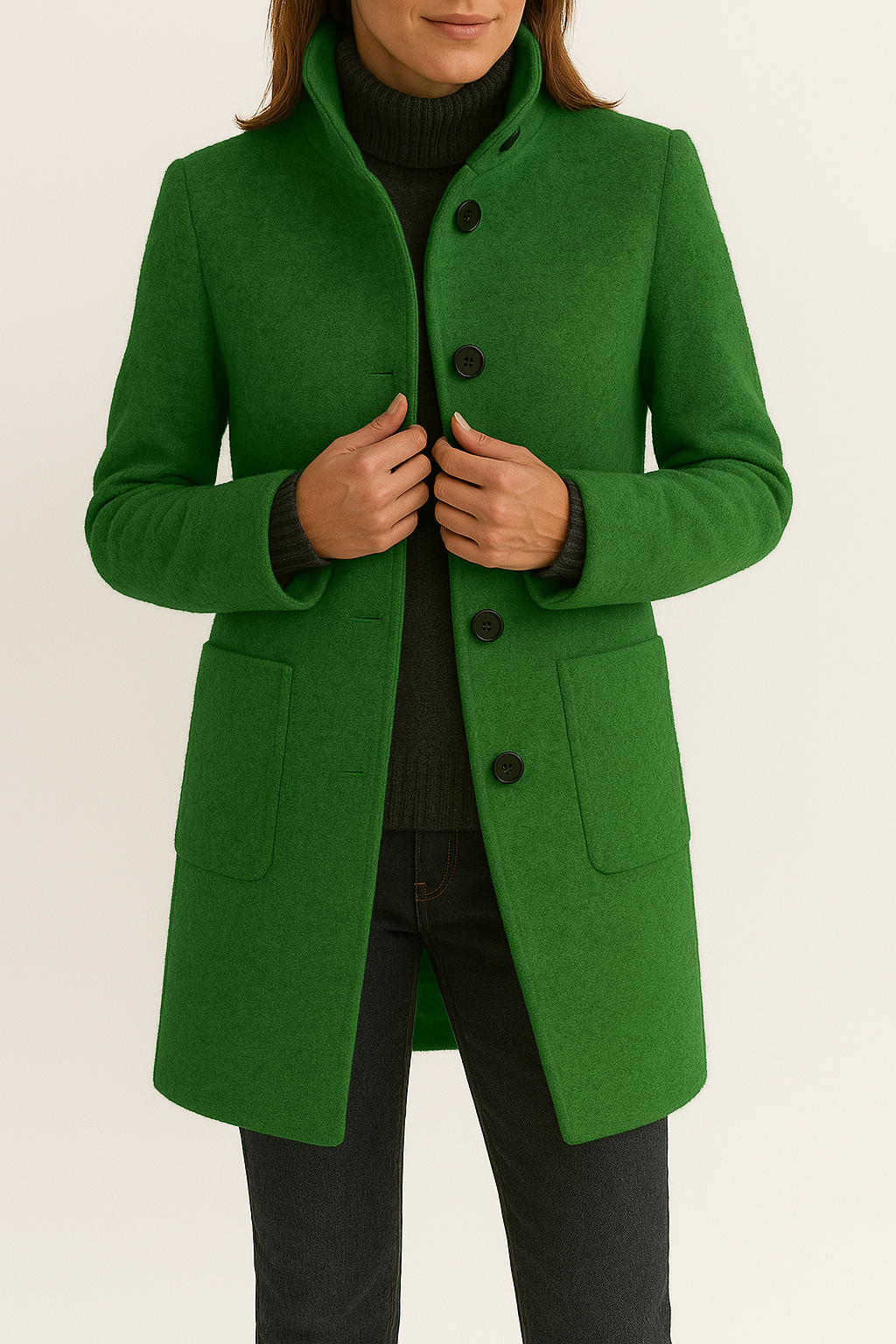 KAYLANI | STAND COLLAR WOOL BLEND COAT - Green