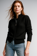KAYLEE | RIBBED KNIT DOUBLE ZIP CARDIGAN - Black