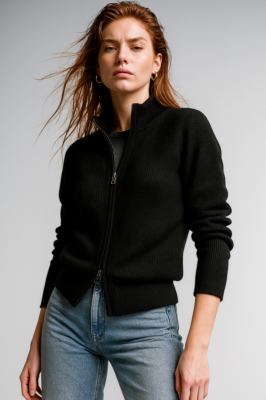 KAYLEE | RIBBED KNIT DOUBLE ZIP CARDIGAN - Black