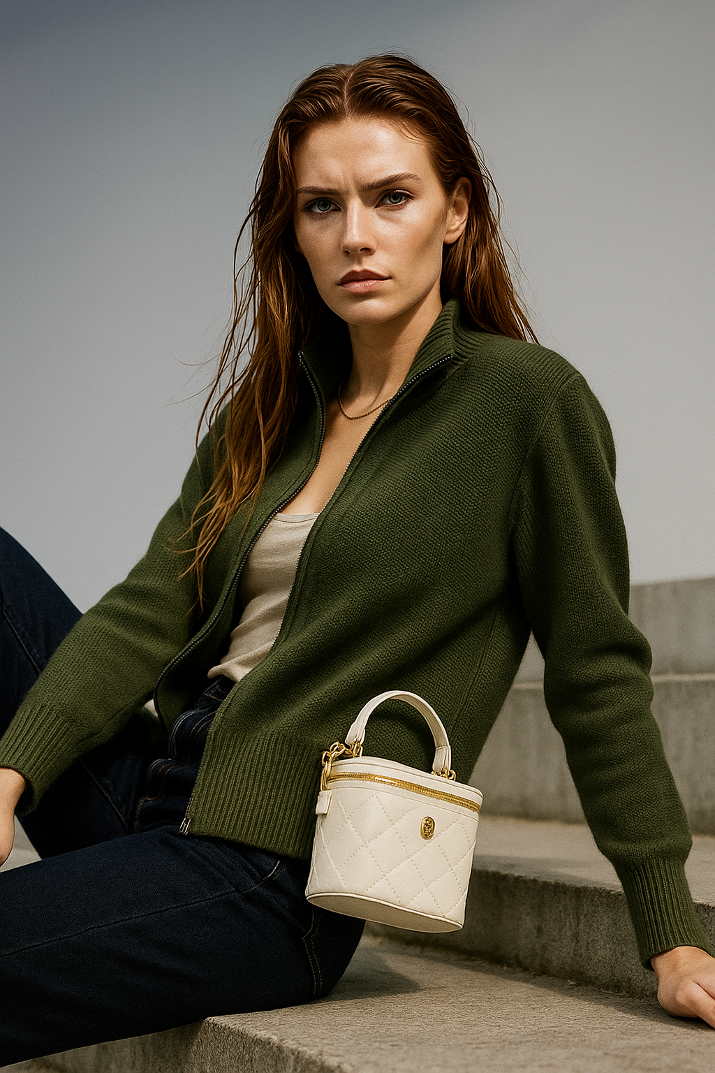 KAYLEE | RIBBED KNIT DOUBLE ZIP CARDIGAN - Forest Green