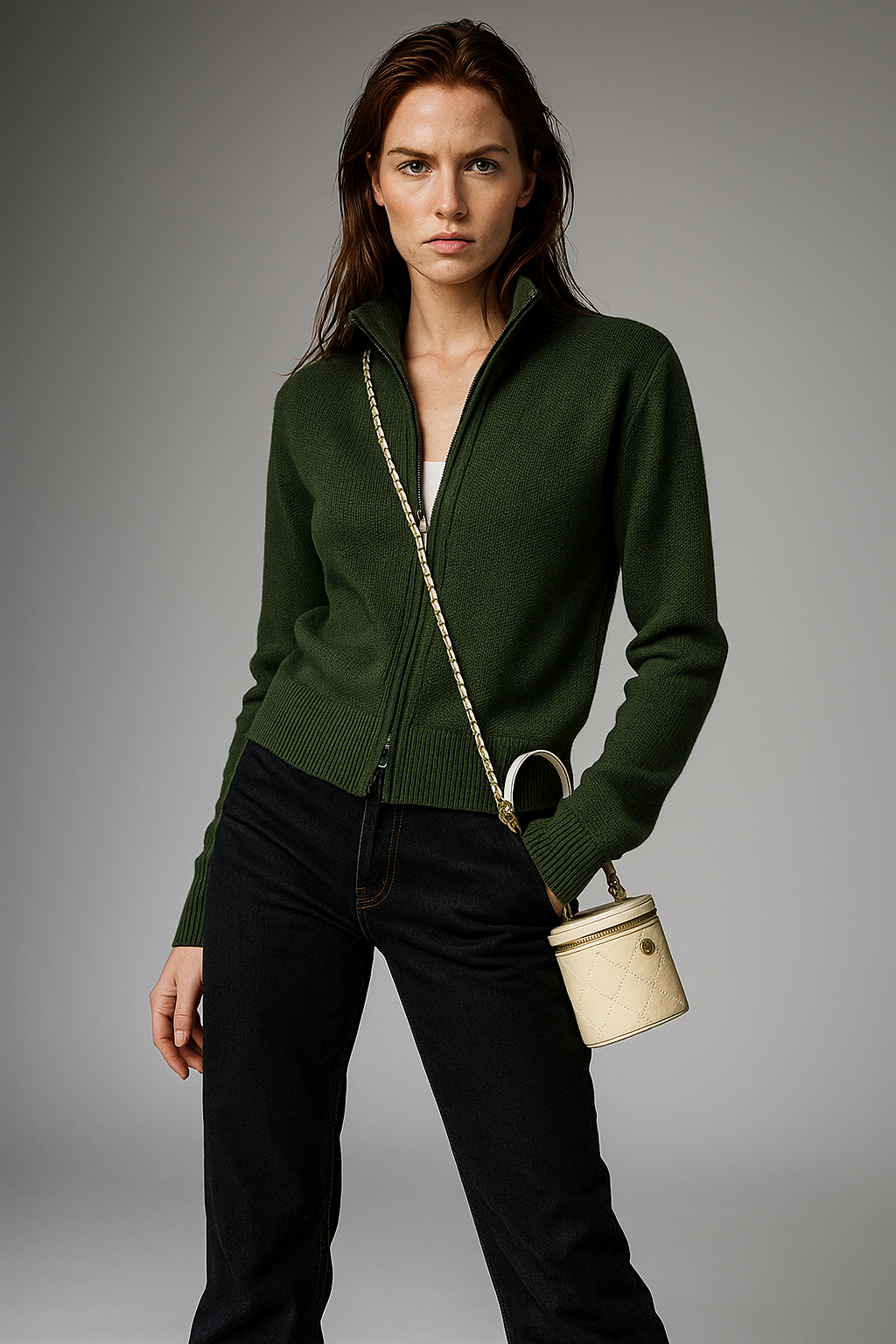 KAYLEE | RIBBED KNIT DOUBLE ZIP CARDIGAN - Forest Green