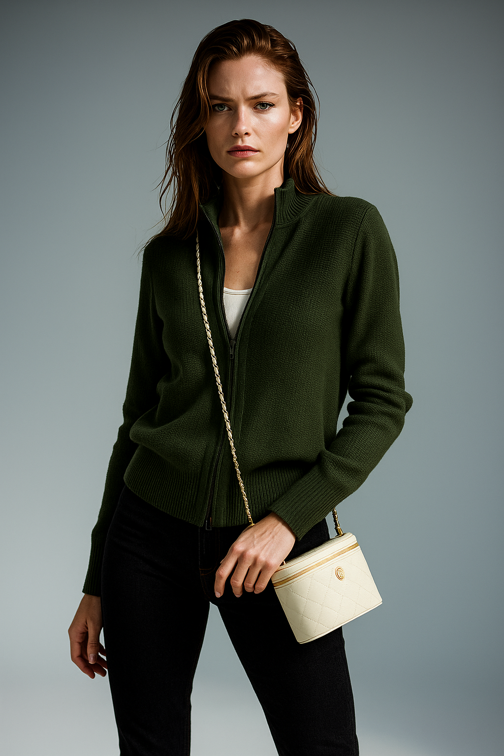 KAYLEE | RIBBED KNIT DOUBLE ZIP CARDIGAN - Forest Green