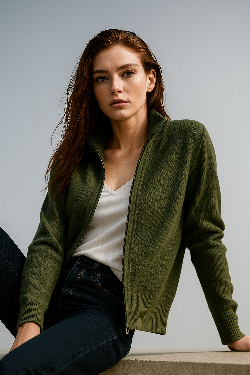 KAYLEE | RIBBED KNIT DOUBLE ZIP CARDIGAN - Forest Green