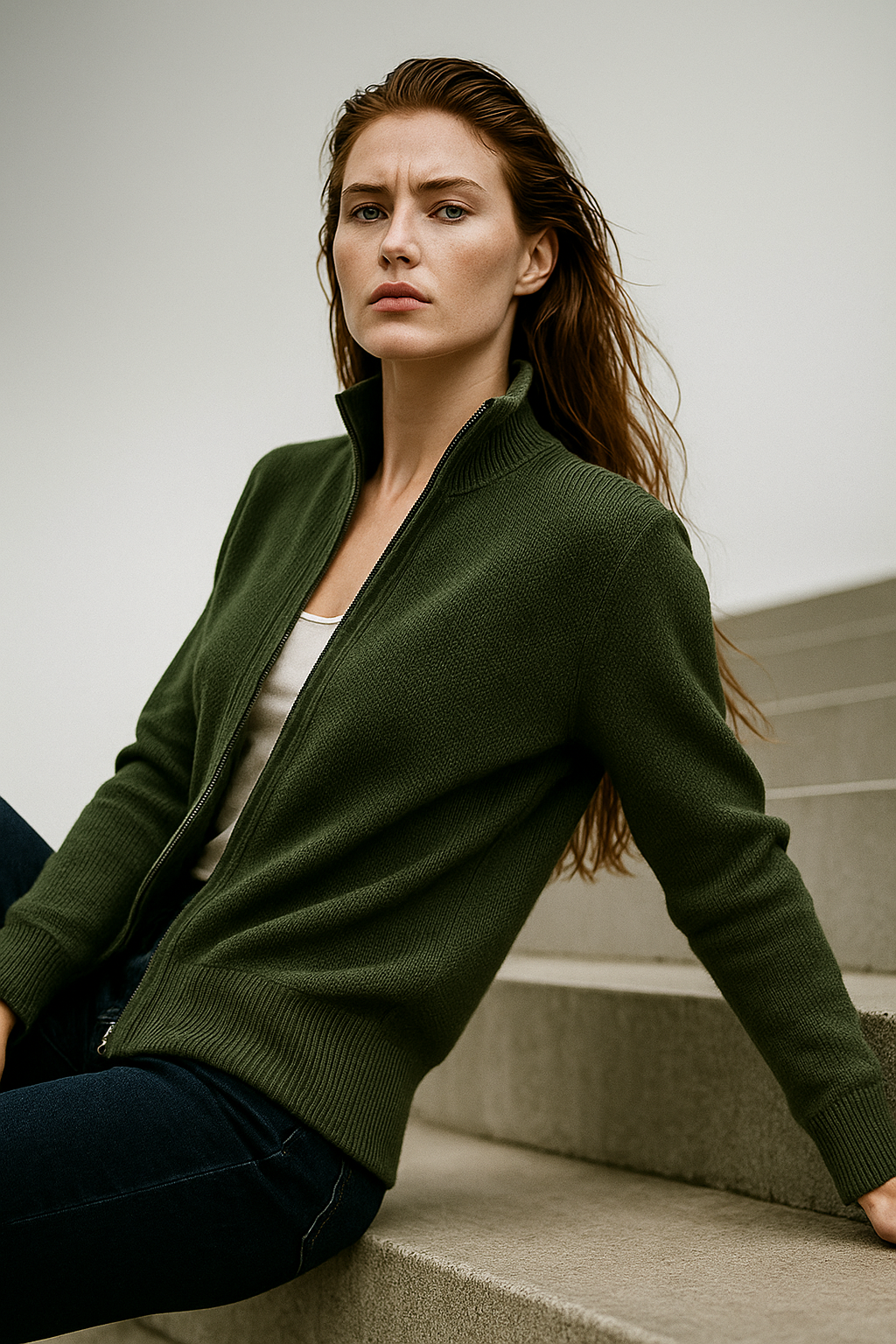 KAYLEE | RIBBED KNIT DOUBLE ZIP CARDIGAN - Forest Green