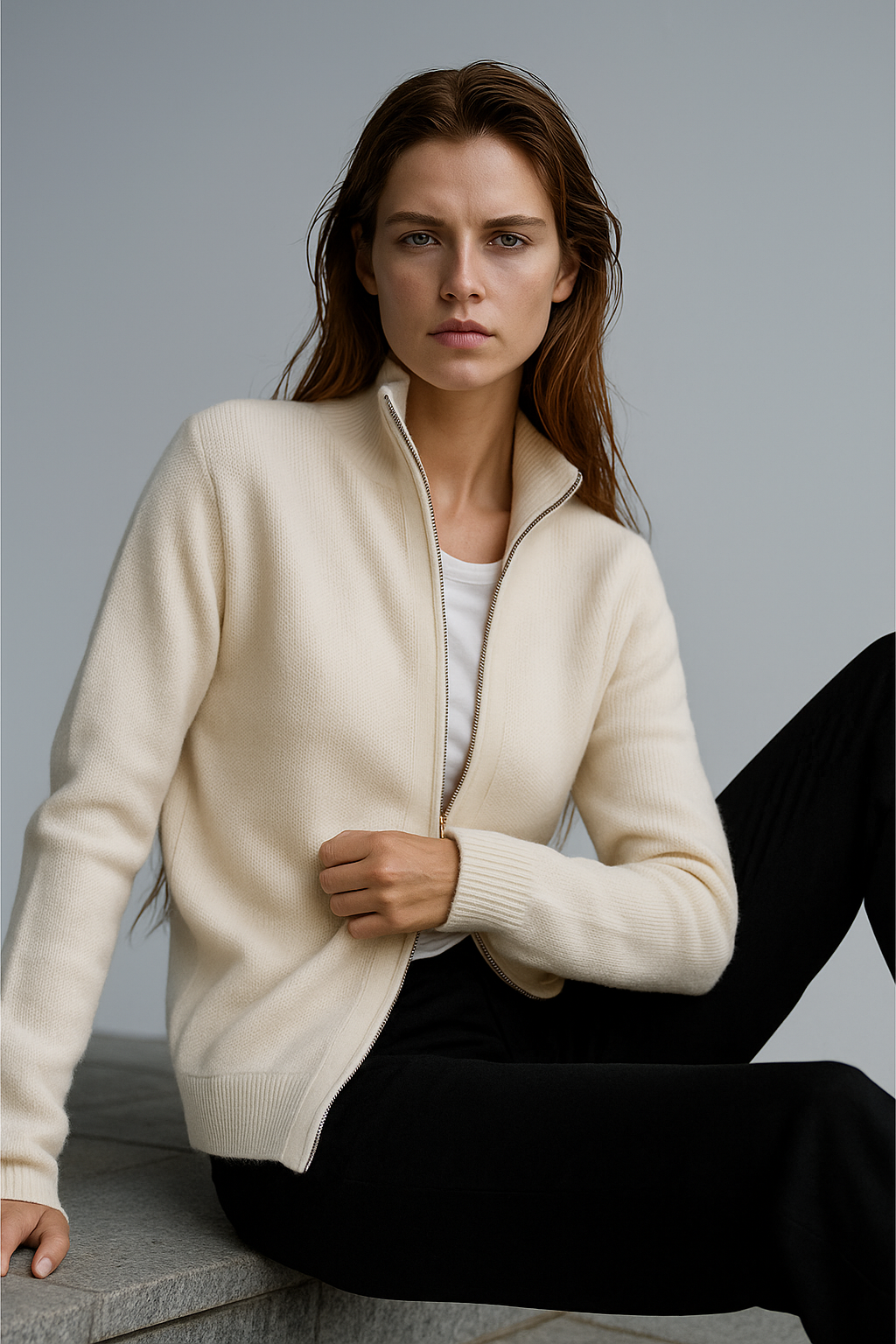 KAYLEE | RIBBED KNIT DOUBLE ZIP CARDIGAN - Ivory