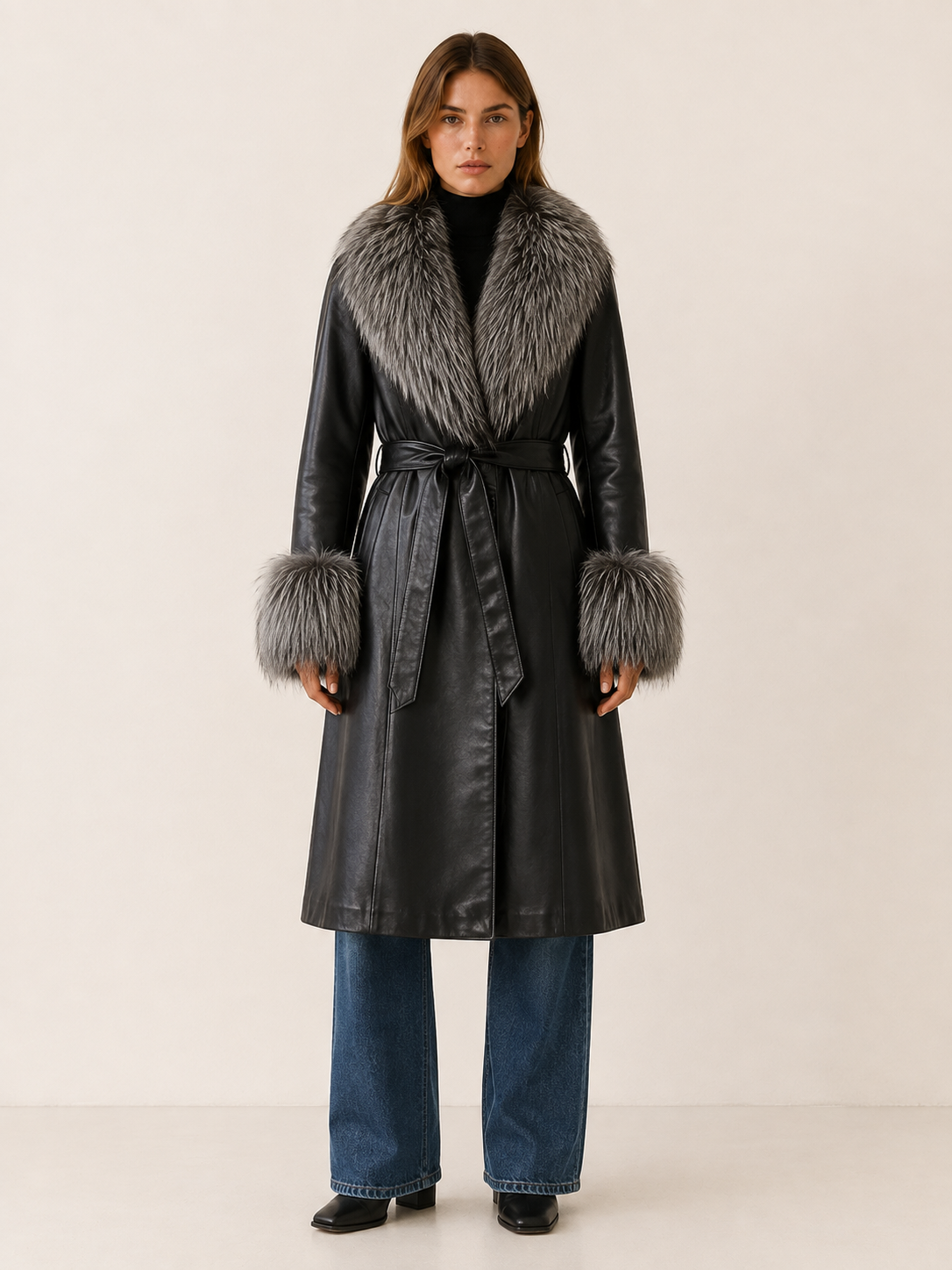 KEELAN | FAUX FUR BELTED LEATHER-LOOK LONG COAT - Black
