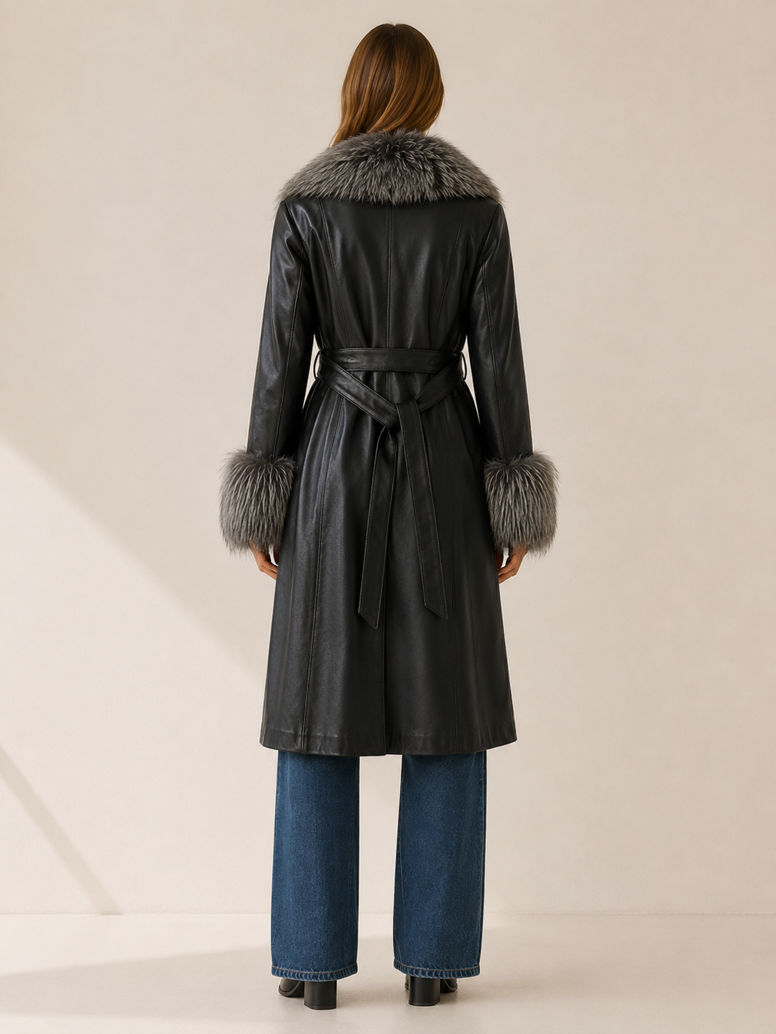 KEELAN | FAUX FUR BELTED LEATHER-LOOK LONG COAT - Black