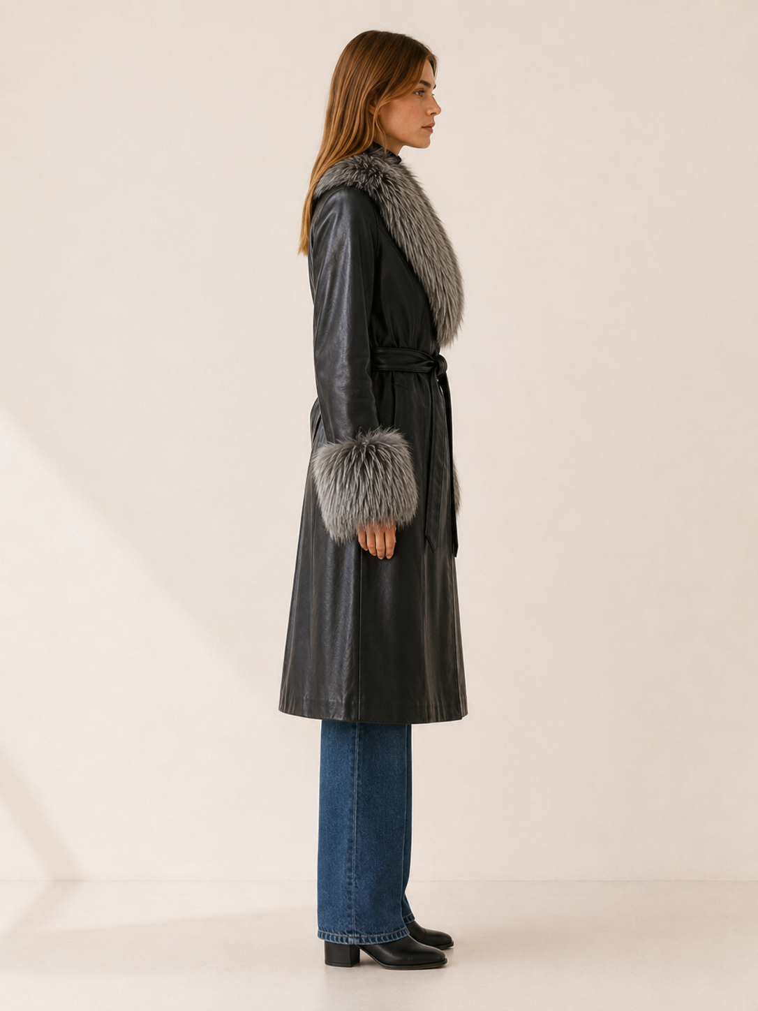KEELAN | FAUX FUR BELTED LEATHER-LOOK LONG COAT - Black