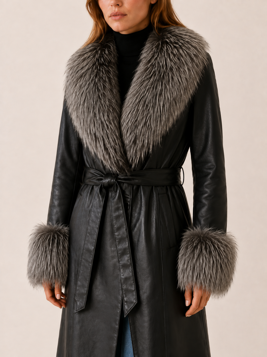 KEELAN | FAUX FUR BELTED LEATHER-LOOK LONG COAT - Black