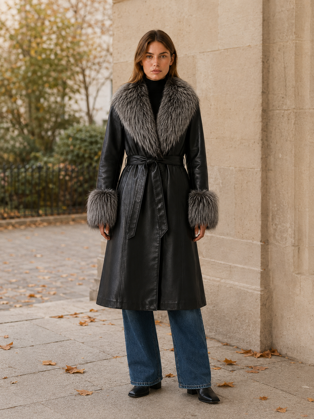 KEELAN | FAUX FUR BELTED LEATHER-LOOK LONG COAT - Black