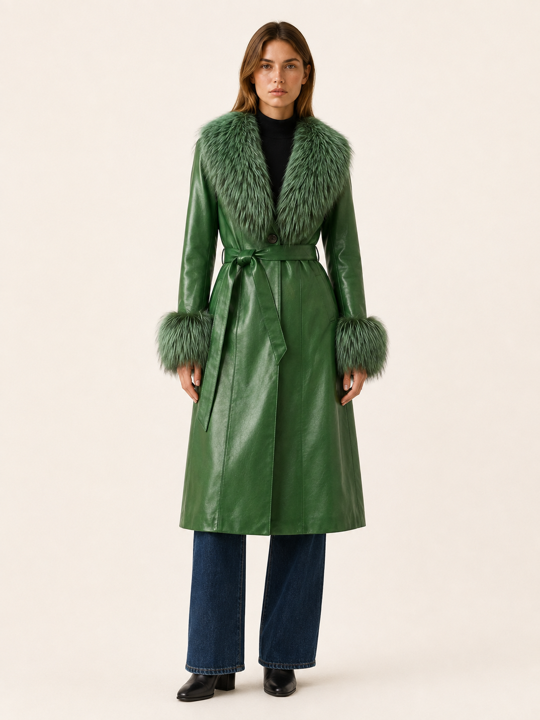KEELAN | FAUX FUR BELTED LEATHER-LOOK LONG COAT - Green