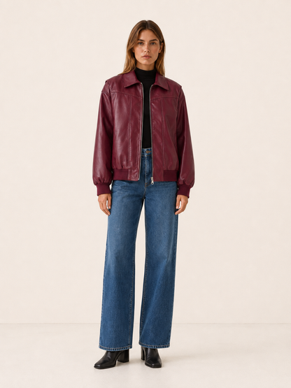 KELLYN | OVERSIZED LEATHER-LOOK BOMBER JACKET - Burgundy