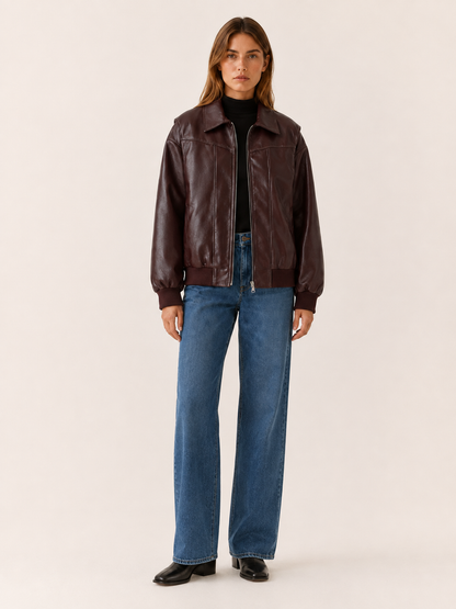 KELLYN | OVERSIZED LEATHER-LOOK BOMBER JACKET - Dark Burgundy