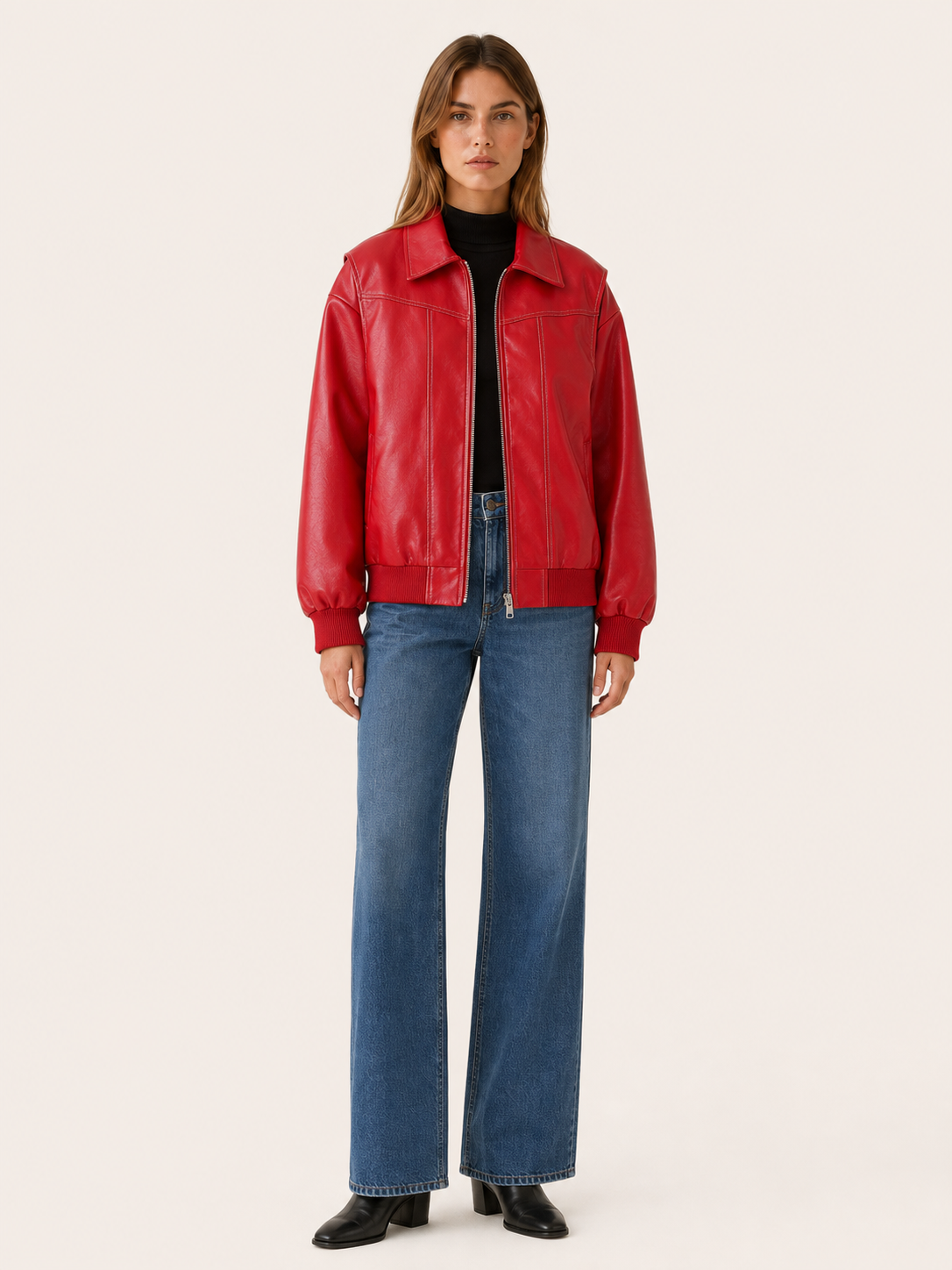 KELLYN | OVERSIZED LEATHER-LOOK BOMBER JACKET - Red