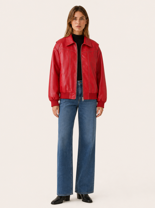KELLYN | OVERSIZED LEATHER-LOOK BOMBER JACKET - Red