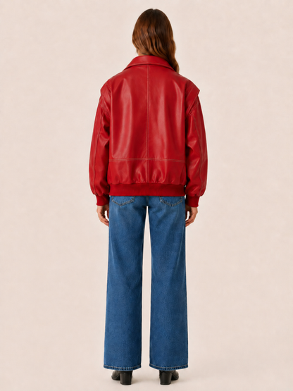 KELLYN | OVERSIZED LEATHER-LOOK BOMBER JACKET - Red