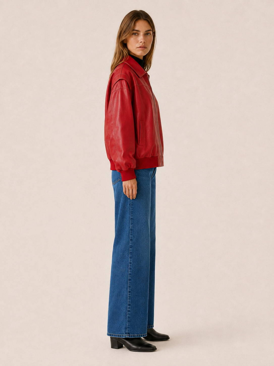 KELLYN | OVERSIZED LEATHER-LOOK BOMBER JACKET - Red
