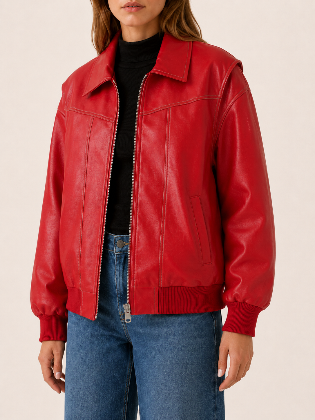KELLYN | OVERSIZED LEATHER-LOOK BOMBER JACKET - Red