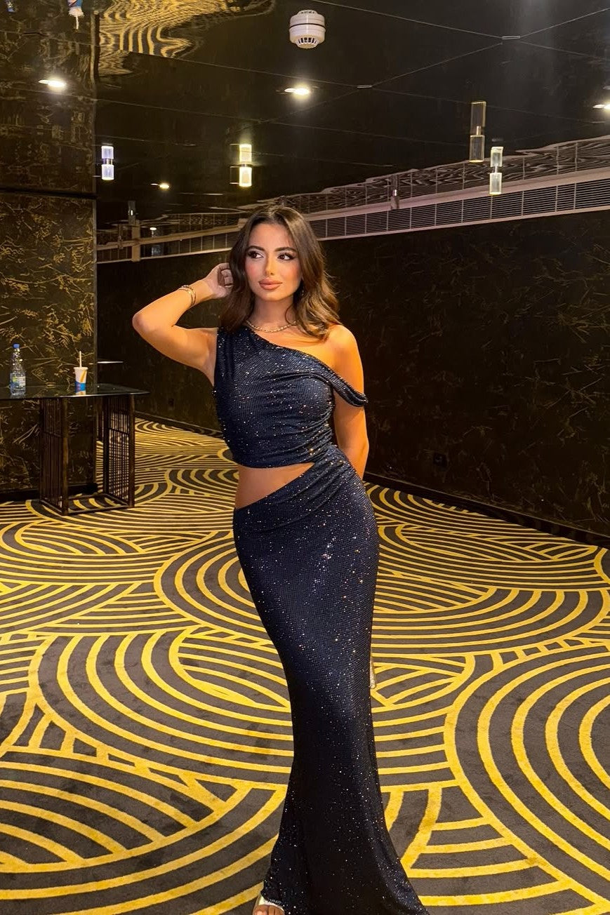KENNY | ONE SHOULDER MAXI DRESS - Navy Sparkle