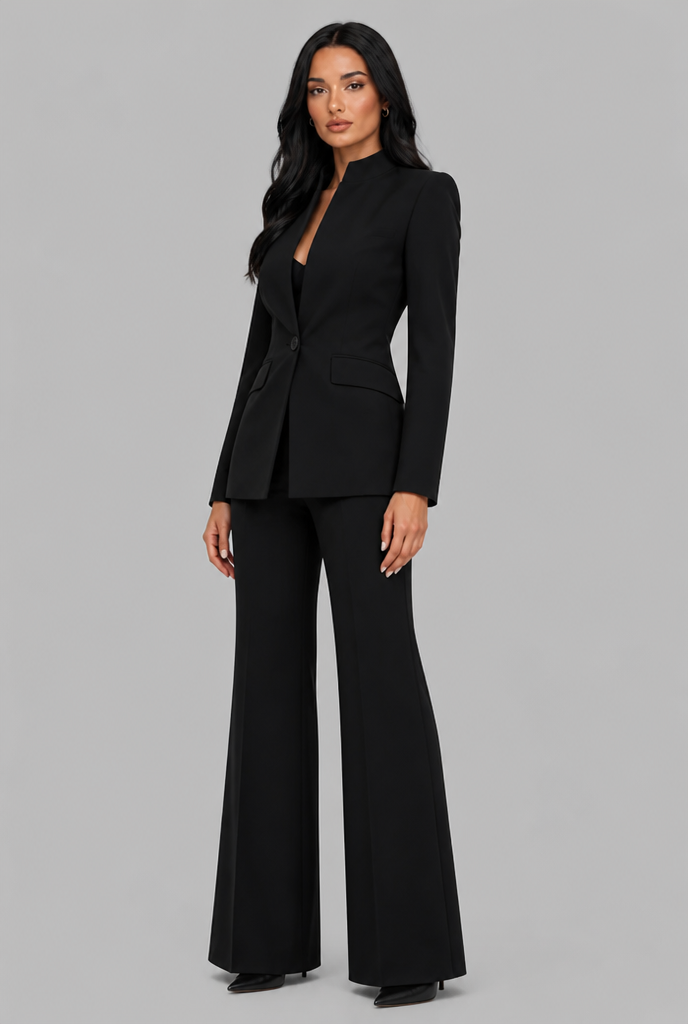 KENZIE | TAILORED BLAZER FLARED TROUSER SET - Black