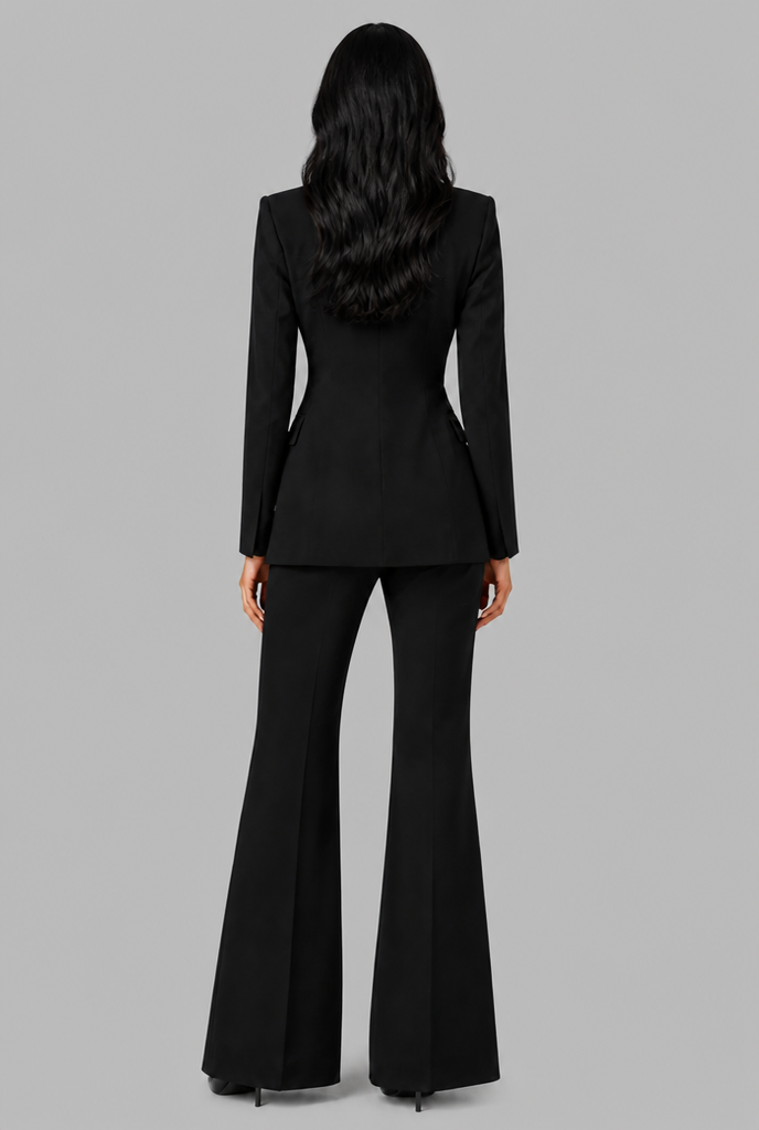 KENZIE | TAILORED BLAZER FLARED TROUSER SET - Black