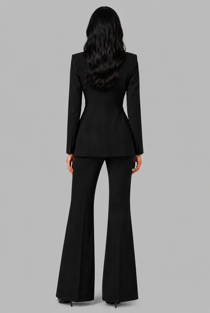 KENZIE | TAILORED BLAZER FLARED TROUSER SET - Black