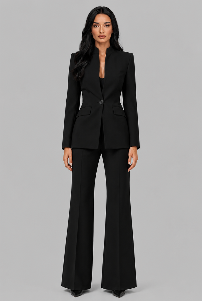 KENZIE | TAILORED BLAZER FLARED TROUSER SET - Black
