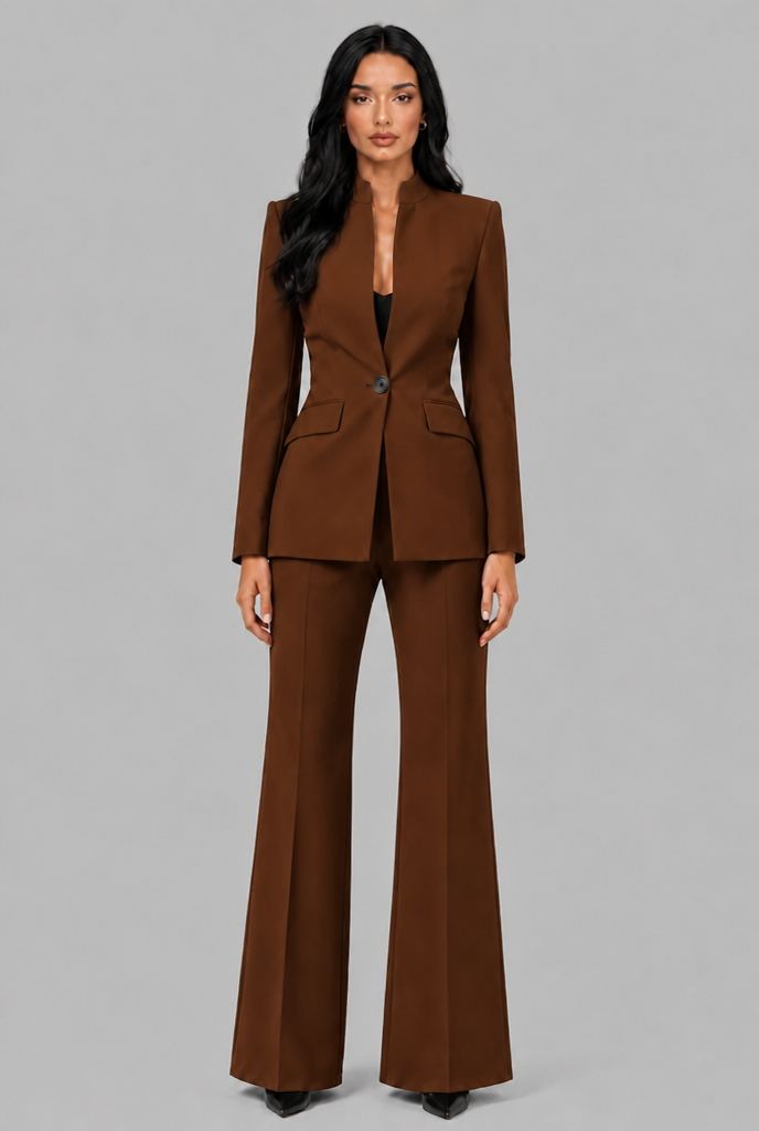 KENZIE | TAILORED BLAZER FLARED TROUSER SET - Brown