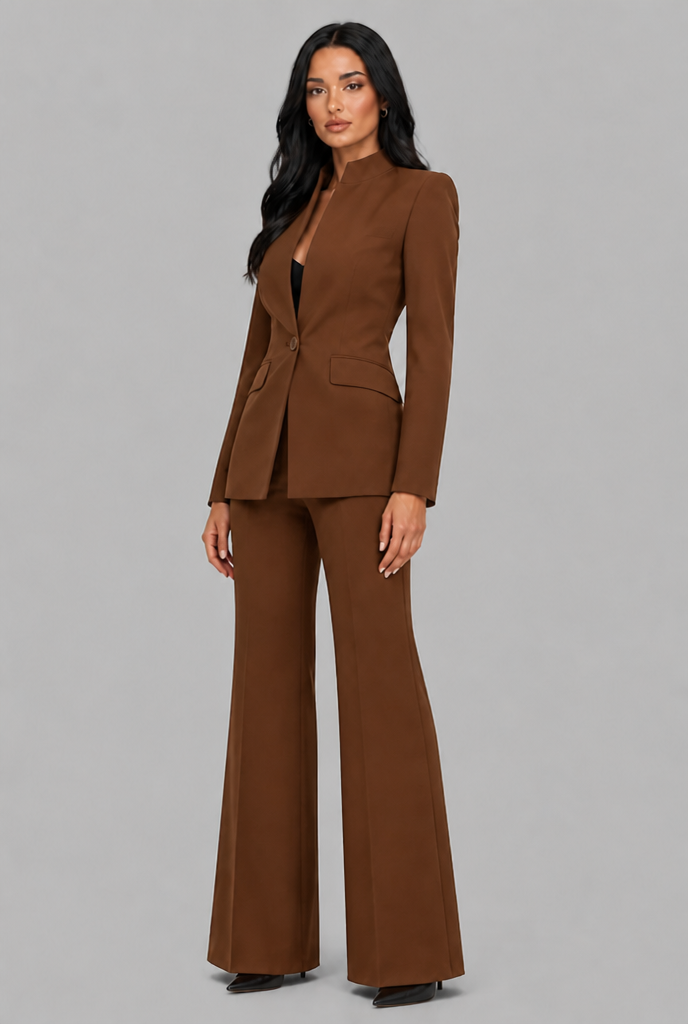 KENZIE | TAILORED BLAZER FLARED TROUSER SET - Brown