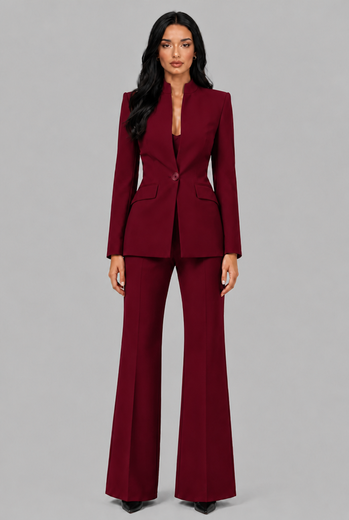 KENZIE | TAILORED BLAZER FLARED TROUSER SET - Burgundy