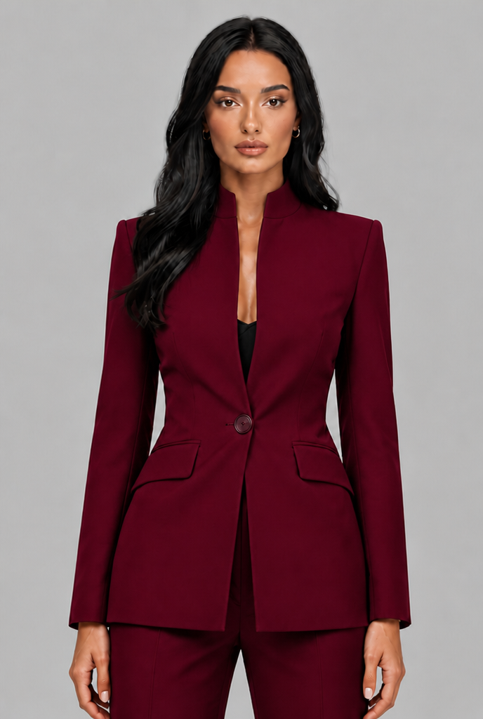 KENZIE | TAILORED BLAZER FLARED TROUSER SET - Burgundy