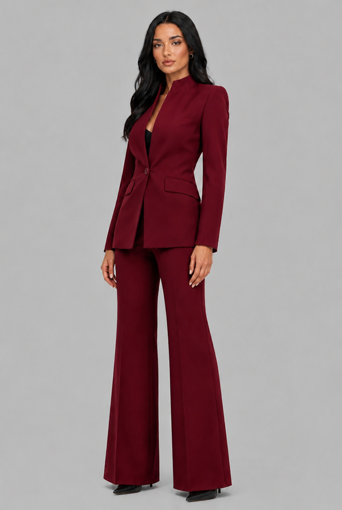 KENZIE | TAILORED BLAZER FLARED TROUSER SET - Burgundy
