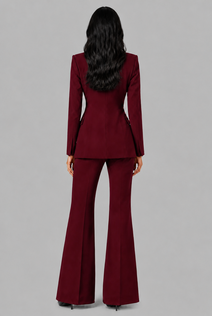 KENZIE | TAILORED BLAZER FLARED TROUSER SET - Burgundy