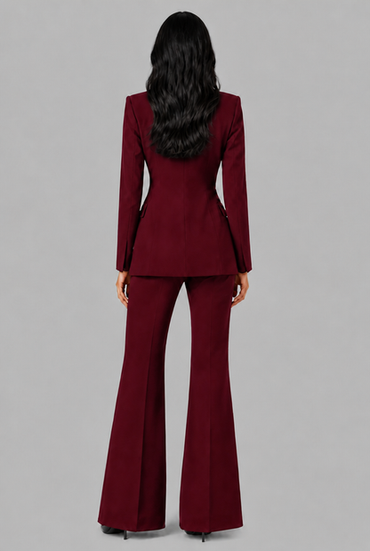 KENZIE | TAILORED BLAZER FLARED TROUSER SET - Burgundy