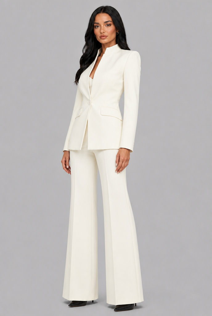KENZIE | TAILORED BLAZER FLARED TROUSER SET - White