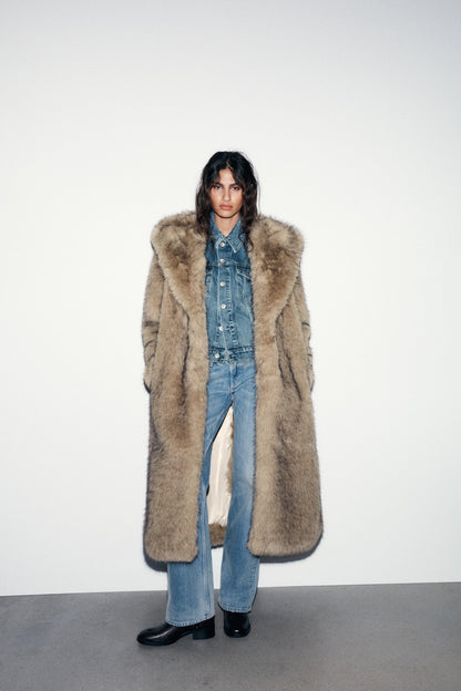 KERRIGAN | LAPEL COLLAR HOODED FAUX FUR COAT - Camel