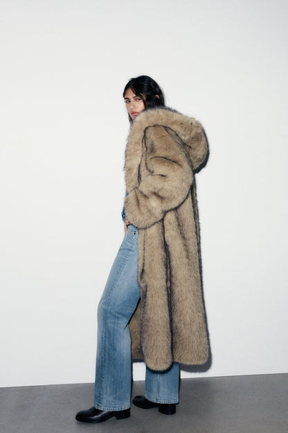 KERRIGAN | LAPEL COLLAR HOODED FAUX FUR COAT - Camel
