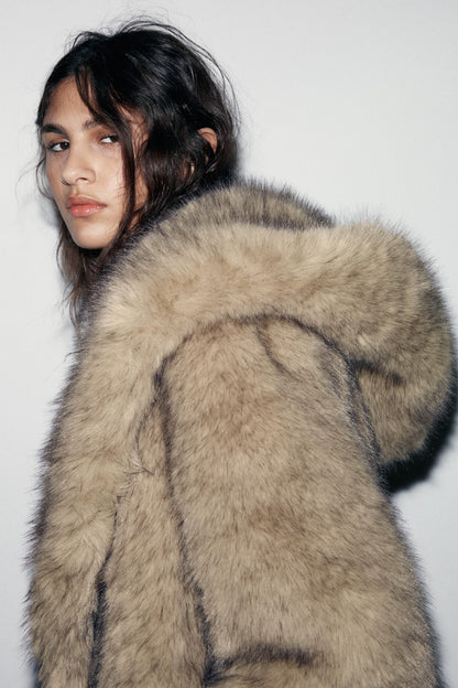 KERRIGAN | LAPEL COLLAR HOODED FAUX FUR COAT - Camel