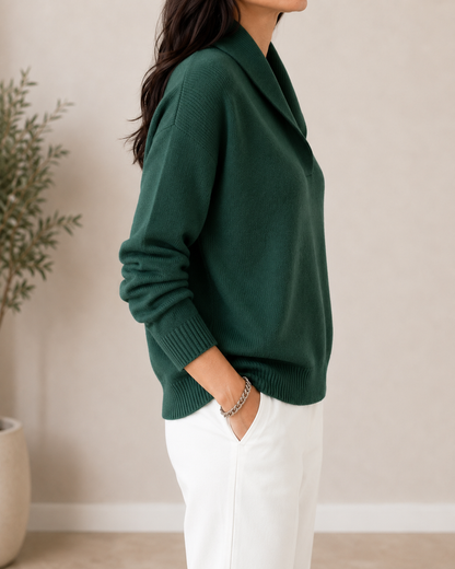 KEYLA | SHAWL COLLAR V-NECK SWEATER - Green
