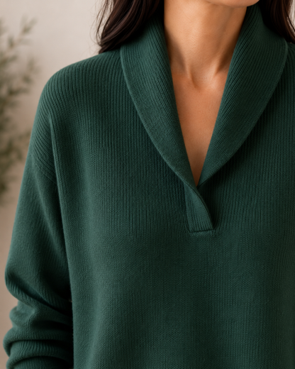KEYLA | SHAWL COLLAR V-NECK SWEATER - Green
