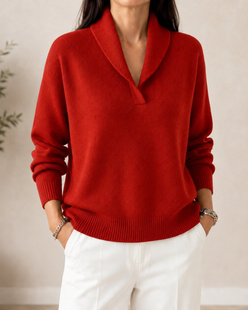 KEYLA | SHAWL COLLAR V-NECK SWEATER - Red