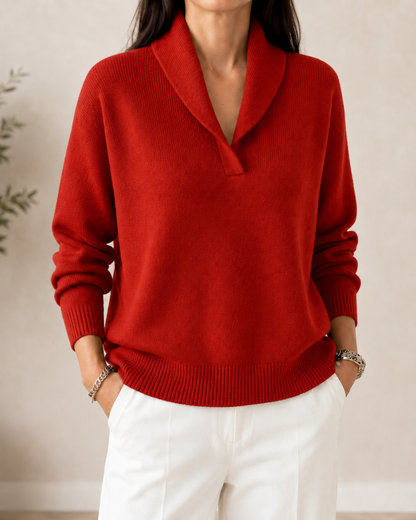 KEYLA | SHAWL COLLAR V-NECK SWEATER - Red